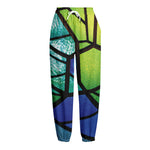 Blue And Green Stained Glass Print Fleece Lined Knit Pants