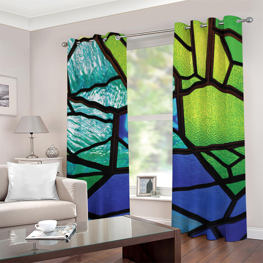 Blue And Green Stained Glass Print Grommet Curtains