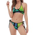 Blue And Green Stained Glass Print Halter Scoop Tie Side Bikini
