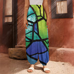 Blue And Green Stained Glass Print Harem Pants