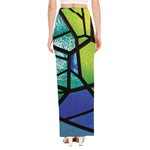 Blue And Green Stained Glass Print High Slit Maxi Skirt