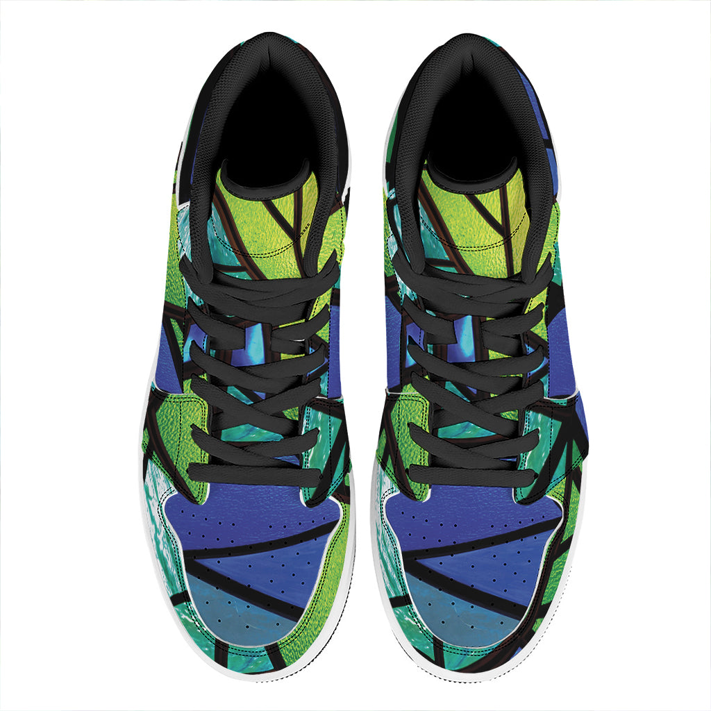 Blue And Green Stained Glass Print High Top Leather Sneakers