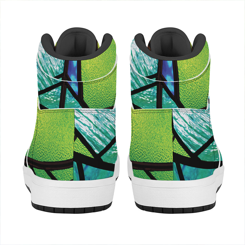 Blue And Green Stained Glass Print High Top Leather Sneakers