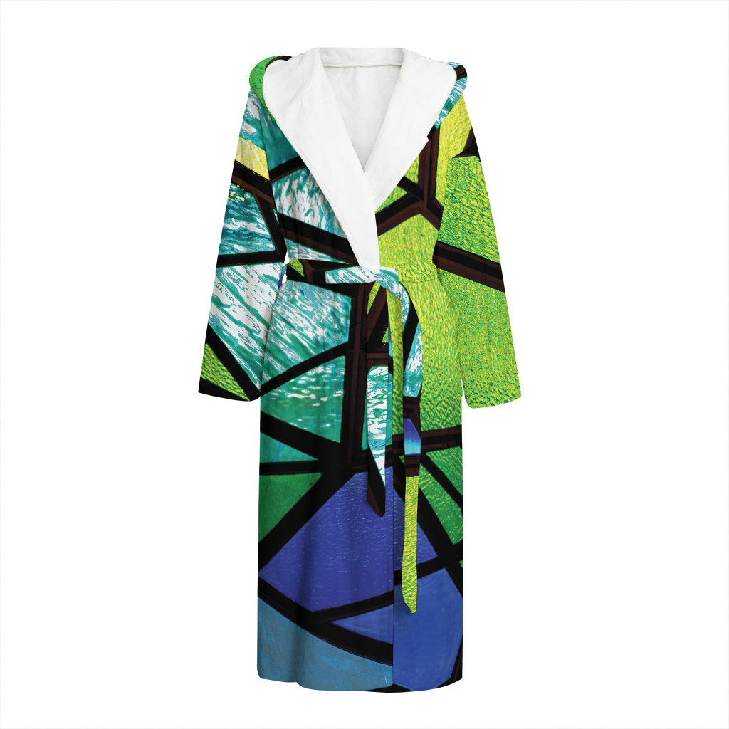Blue And Green Stained Glass Print Hooded Bathrobe