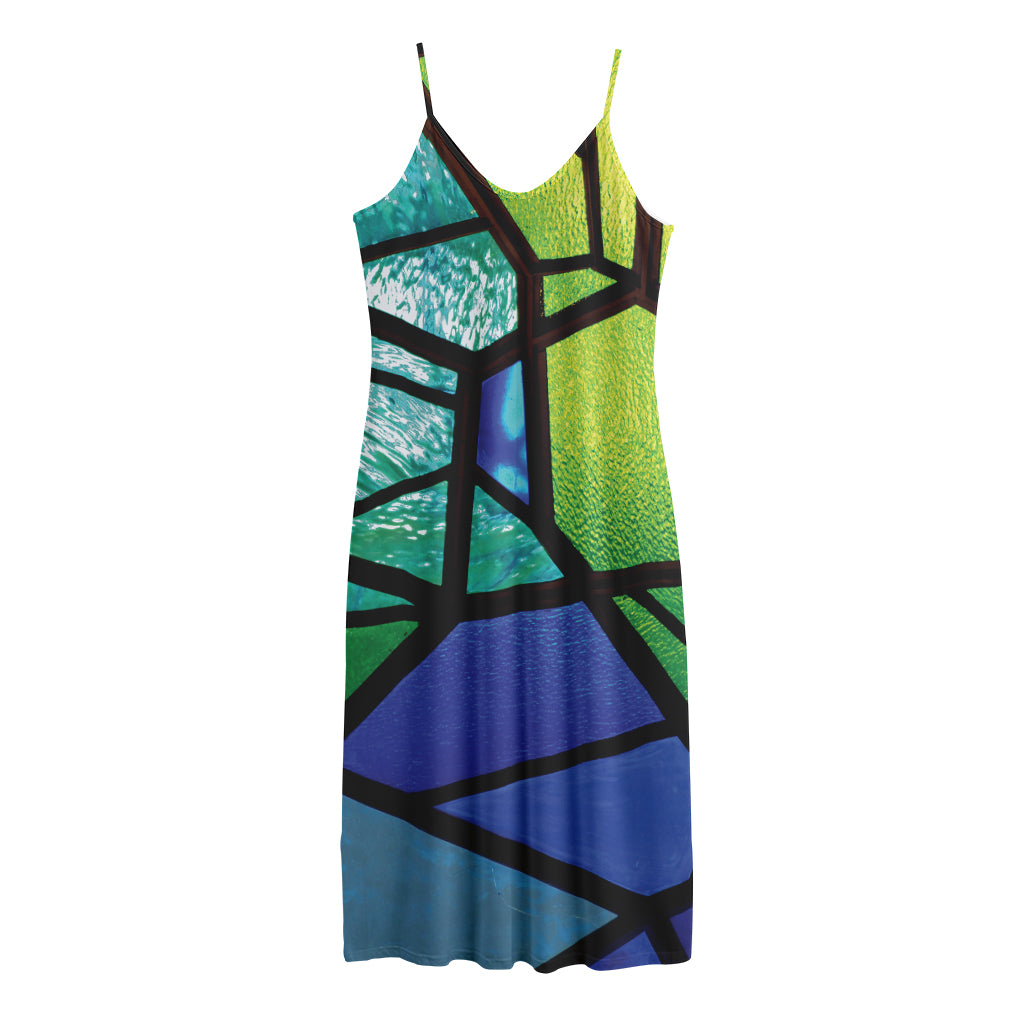 Blue And Green Stained Glass Print Jersey Midi Cami Dress