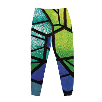 Blue And Green Stained Glass Print Jogger Pants