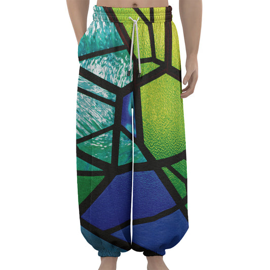Blue And Green Stained Glass Print Lantern Pants