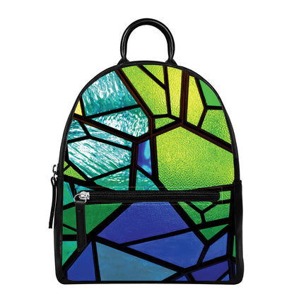 Blue And Green Stained Glass Print Leather Backpack