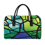 Blue And Green Stained Glass Print Leather Duffle Bag