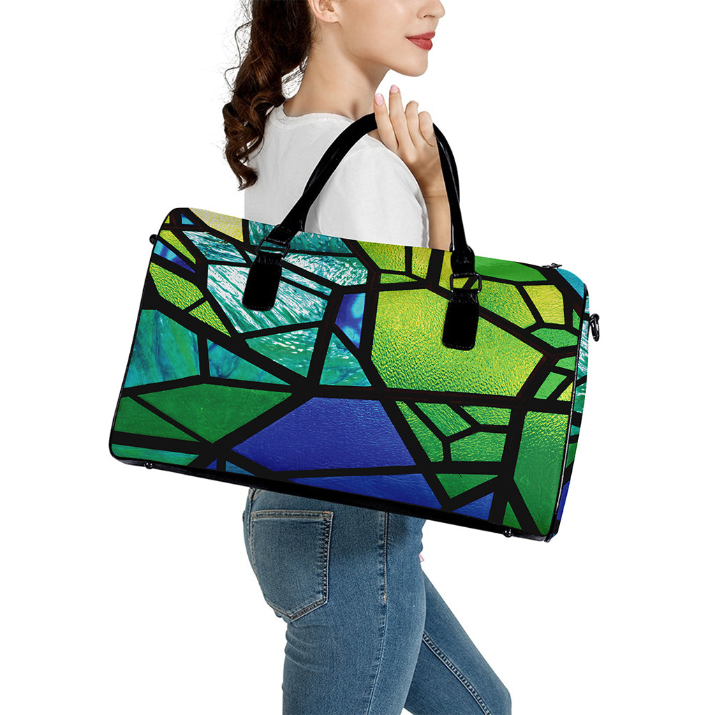 Blue And Green Stained Glass Print Leather Duffle Bag