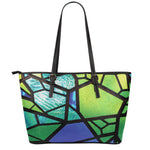Blue And Green Stained Glass Print Leather Tote Bag