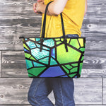 Blue And Green Stained Glass Print Leather Tote Bag