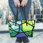 Blue And Green Stained Glass Print Leather Tote Bag