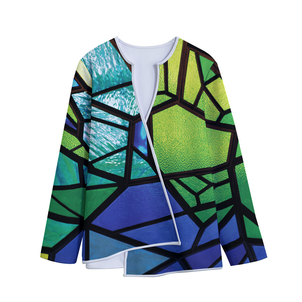 Blue And Green Stained Glass Print Long Sleeve Short Coat