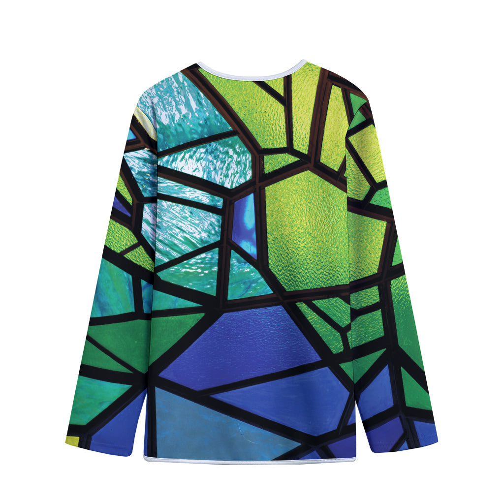 Blue And Green Stained Glass Print Long Sleeve Short Coat