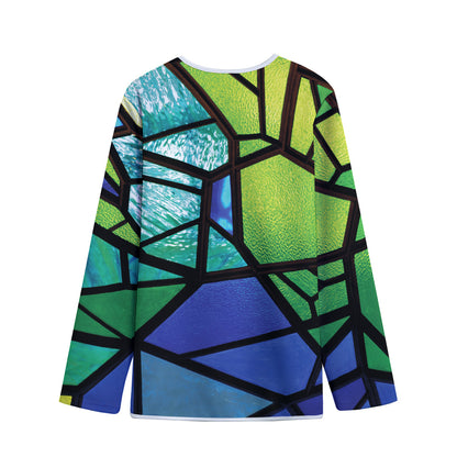 Blue And Green Stained Glass Print Long Sleeve Short Coat