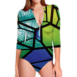 Blue And Green Stained Glass Print Long Sleeve Swimsuit