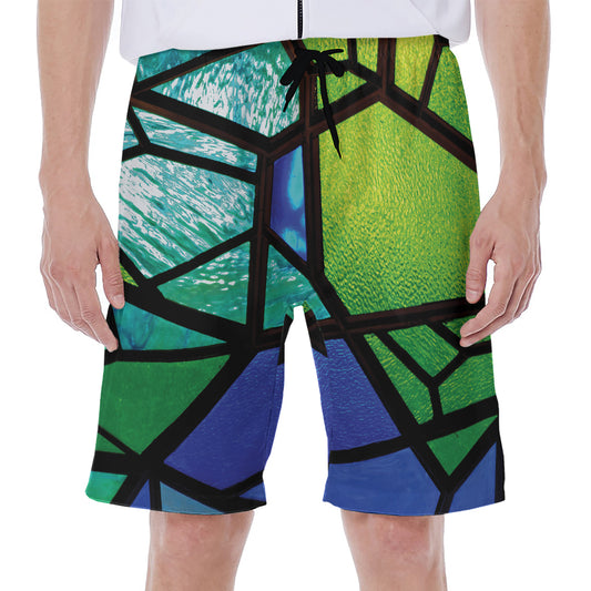 Blue And Green Stained Glass Print Men's Beach Shorts