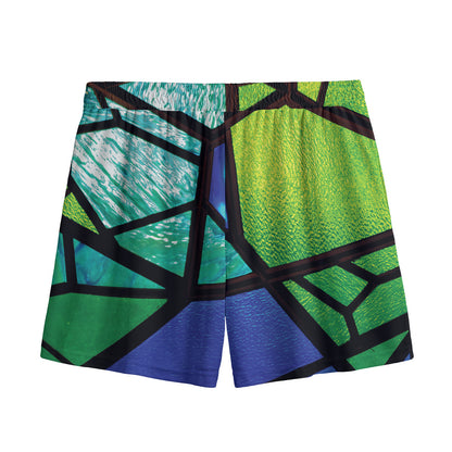 Blue And Green Stained Glass Print Mesh Shorts