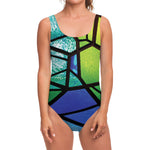 Blue And Green Stained Glass Print One Piece Swimsuit