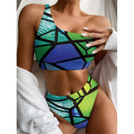 Blue And Green Stained Glass Print One Shoulder Bikini Top