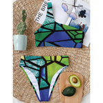 Blue And Green Stained Glass Print One Shoulder Bikini Top