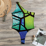 Blue And Green Stained Glass Print One Shoulder Bodysuit