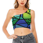 Blue And Green Stained Glass Print One Shoulder Crop Top