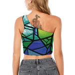 Blue And Green Stained Glass Print One Shoulder Crop Top