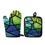 Blue And Green Stained Glass Print Oven Mitt And Pot Holder Set