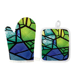 Blue And Green Stained Glass Print Oven Mitt And Pot Holder Set
