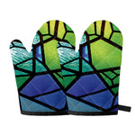 Blue And Green Stained Glass Print Oven Mitts