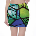 Blue And Green Stained Glass Print Pencil Mini Skirt