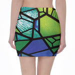 Blue And Green Stained Glass Print Pencil Mini Skirt