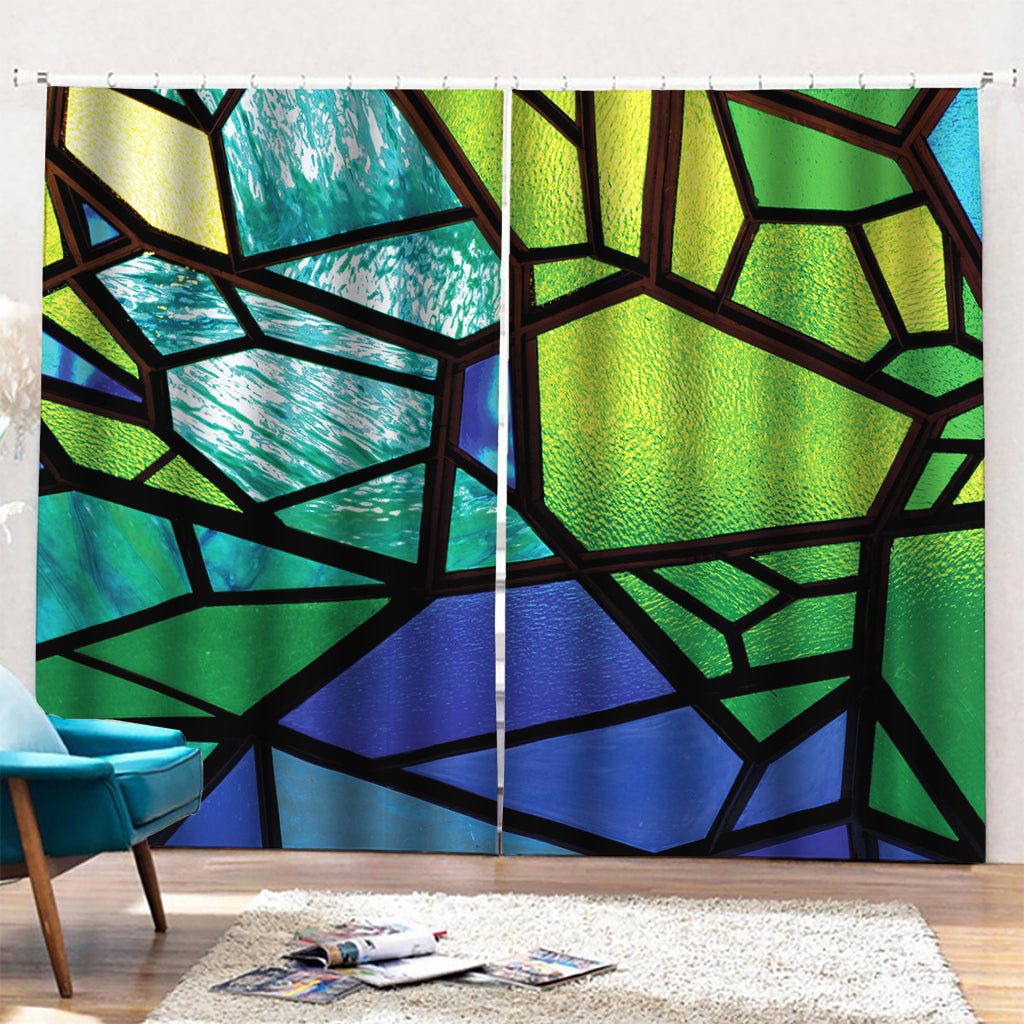 Blue And Green Stained Glass Print Pencil Pleat Curtains