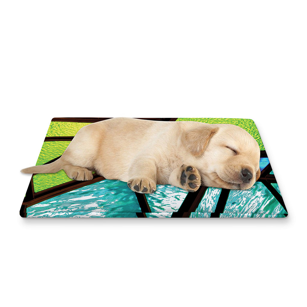 Blue And Green Stained Glass Print Pet Cooling Mat Cover