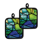 Blue And Green Stained Glass Print Pot Holders