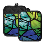 Blue And Green Stained Glass Print Pot Holders With Pocket