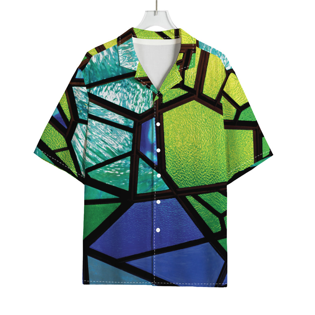 Blue And Green Stained Glass Print Rayon Hawaiian Shirt