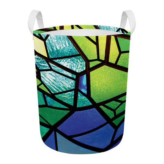 Blue And Green Stained Glass Print Round Laundry Basket