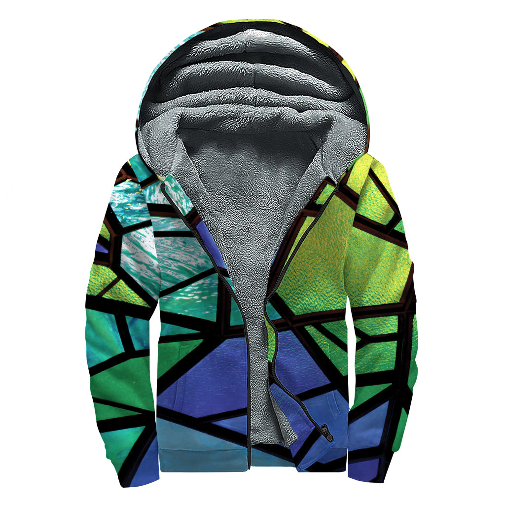 Blue And Green Stained Glass Print Sherpa Lined Zip Up Hoodie