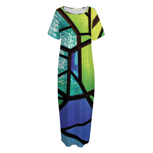Blue And Green Stained Glass Print Short Sleeve Long Nightdress