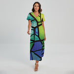 Blue And Green Stained Glass Print Short Sleeve Maxi Dress