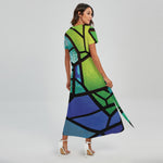 Blue And Green Stained Glass Print Short Sleeve Maxi Dress