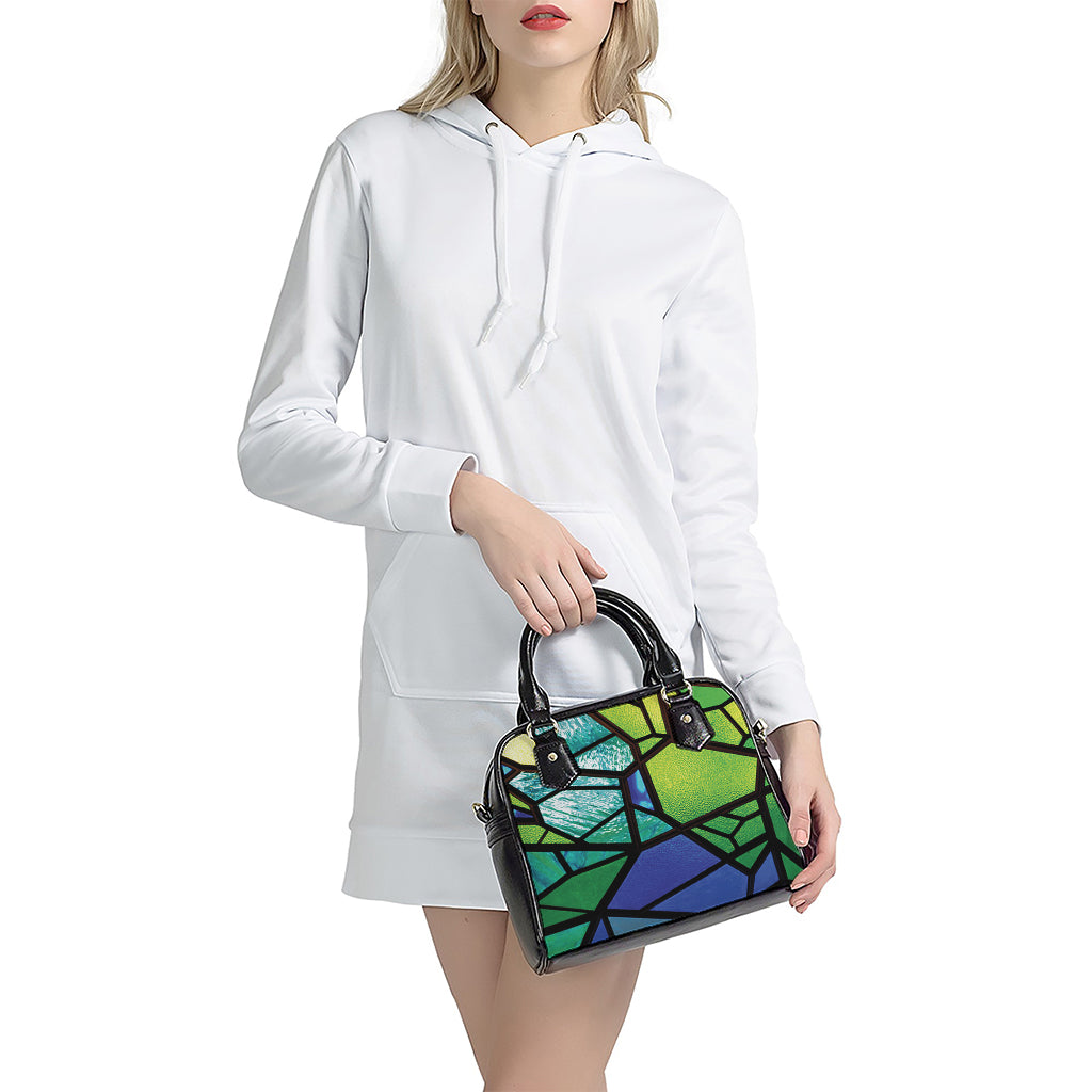 Blue And Green Stained Glass Print Shoulder Handbag