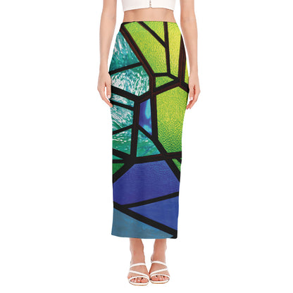 Blue And Green Stained Glass Print Side Slit Maxi Skirt