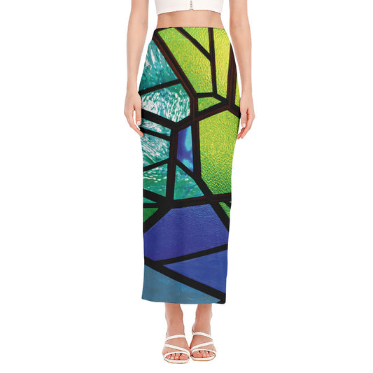 Blue And Green Stained Glass Print Side Slit Maxi Skirt