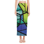 Blue And Green Stained Glass Print Side Slit Maxi Skirt