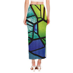 Blue And Green Stained Glass Print Side Slit Maxi Skirt