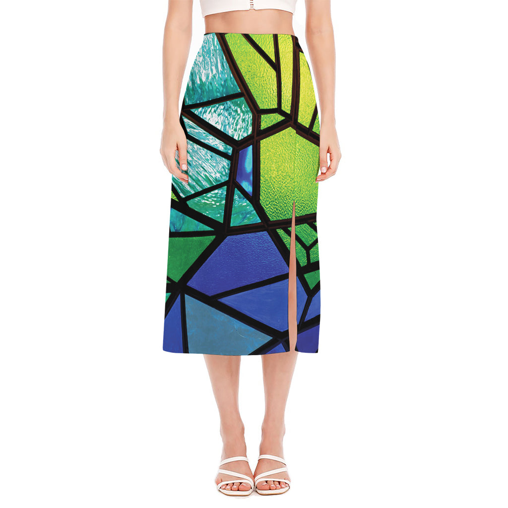 Blue And Green Stained Glass Print Side Slit Midi Skirt